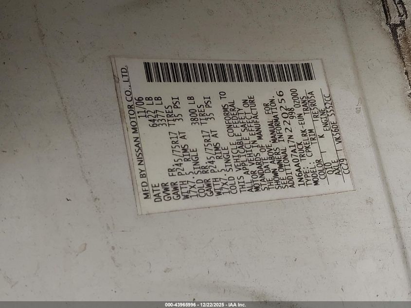 2007 Nissan Titan Xe VIN: 1N6AA07A17N220256 Lot: 43965996