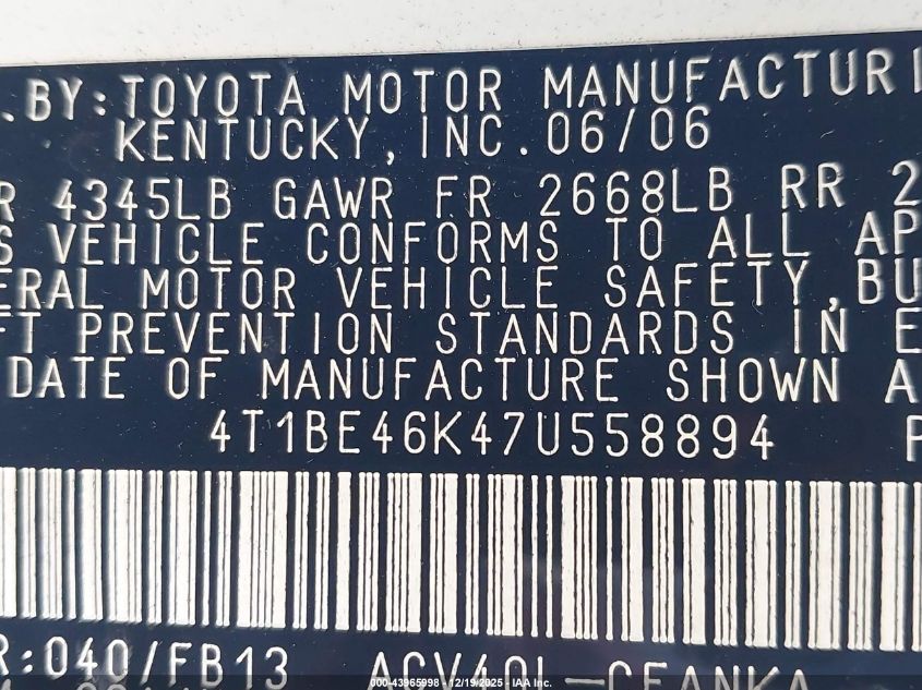 2007 Toyota Camry Le VIN: 4T1BE46K47U558894 Lot: 43965998