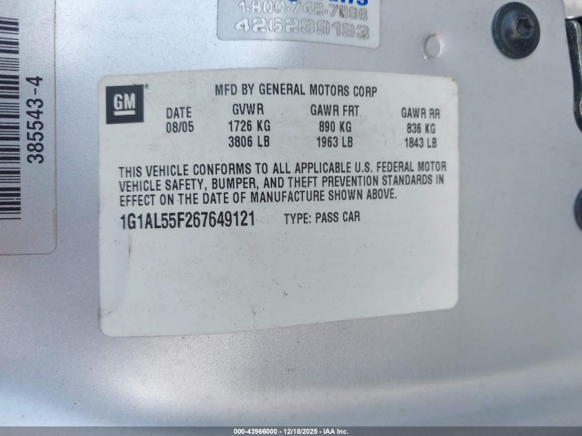 2006 Chevrolet Cobalt Lt VIN: 1G1AL55F26764912 Lot: 43966000