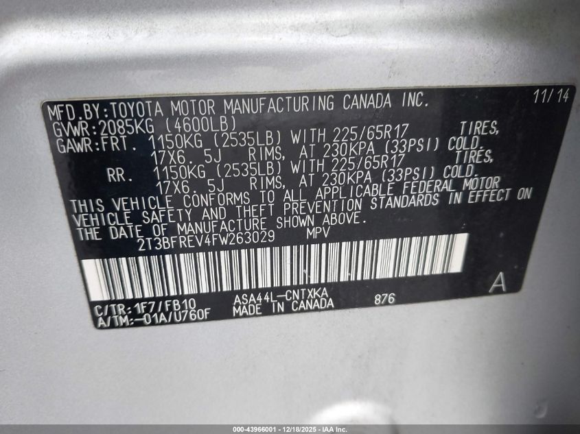 2015 Toyota Rav4 Le VIN: 2T3BFREV4FW263029 Lot: 43966001