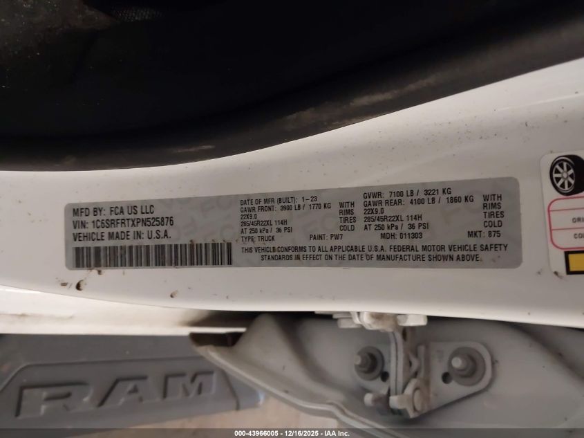 2023 Ram 1500 Laramie 4X4 6'4 Box VIN: 1C6SRFRTXPN525876 Lot: 43966005
