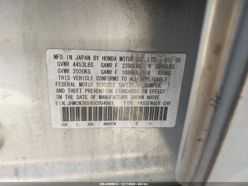 2005 Honda Accord Hybrid Ima VIN: JHMCN36595C004961 Lot: 43966012