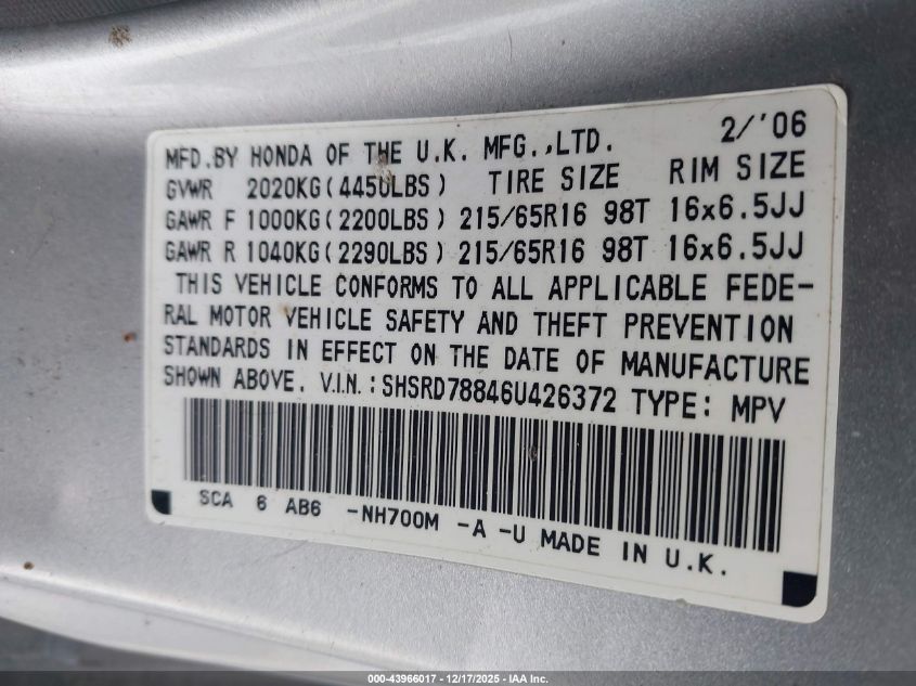 2006 Honda Cr-V Ex VIN: SHSRD78846U426372 Lot: 43966017
