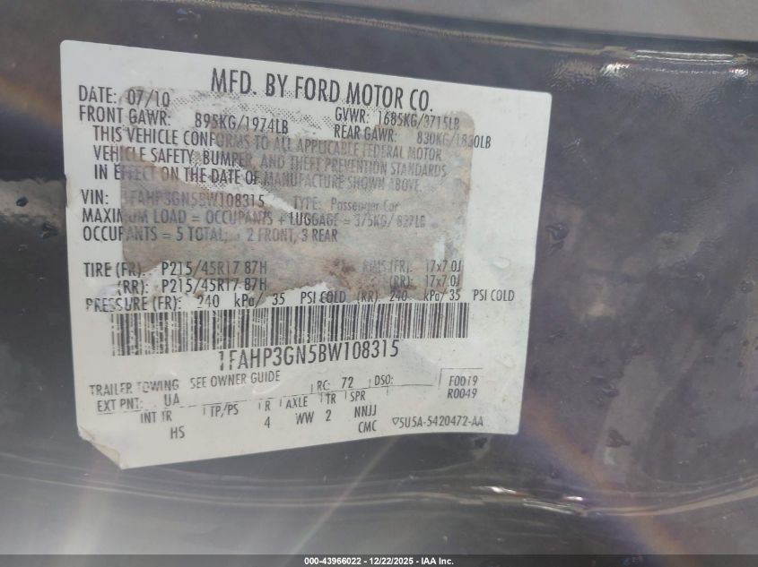 2011 Ford Focus Ses VIN: 1FAHP3GN5BW108315 Lot: 43966022