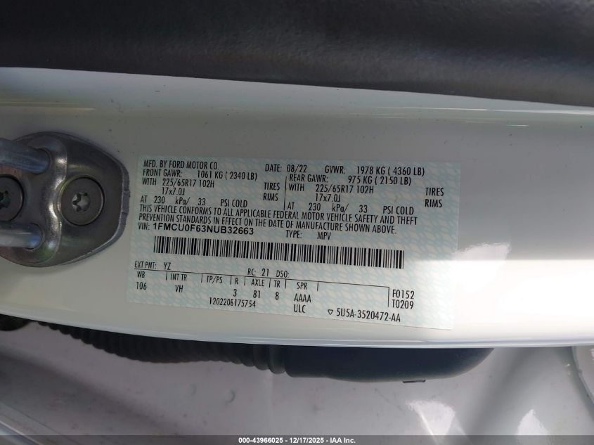 2022 Ford Escape S VIN: 1FMCU0F63NUB32663 Lot: 43966025