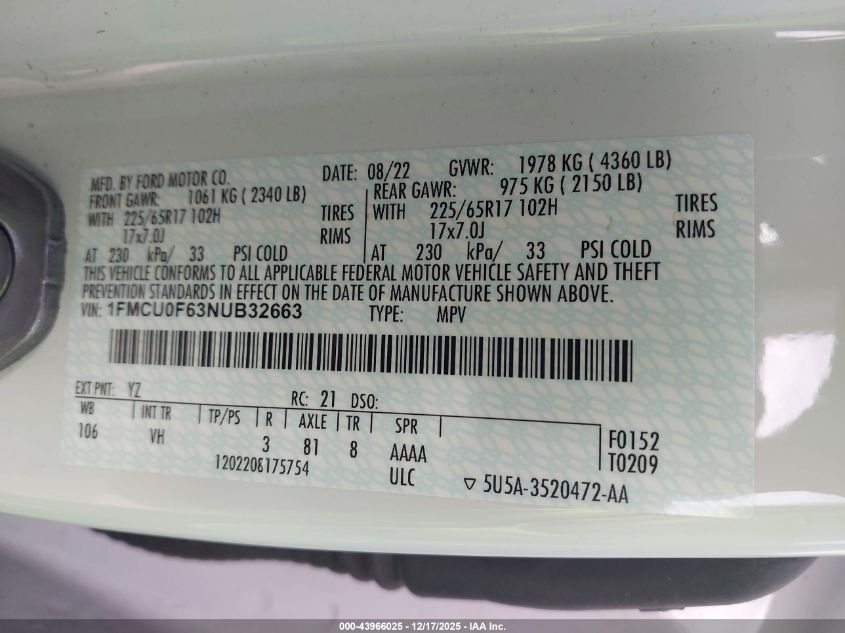 2022 Ford Escape S VIN: 1FMCU0F63NUB32663 Lot: 43966025