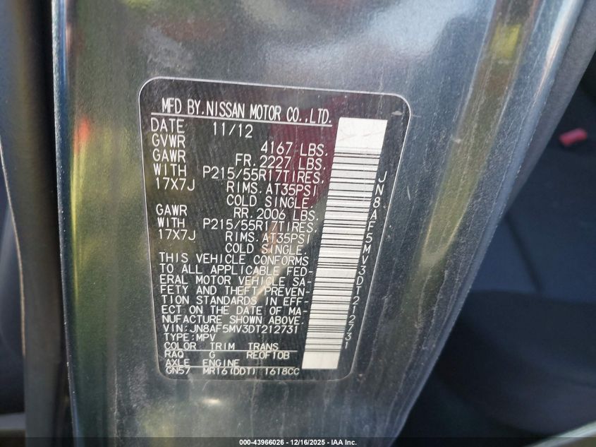 2013 Nissan Juke S VIN: JN8AF5MV3DT212731 Lot: 43966026