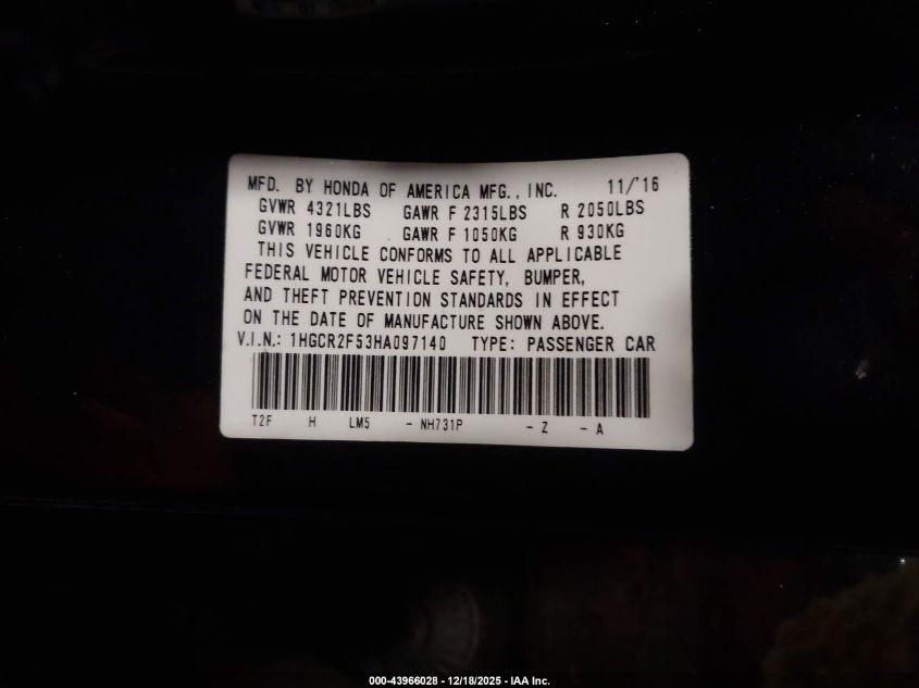 2017 Honda Accord Sport VIN: 1HGCR2F53HA097140 Lot: 43966028