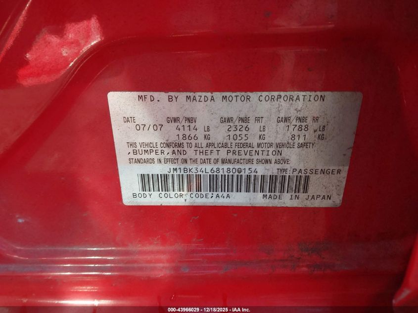 2008 Mazda Mazdaspeed3 Sport VIN: JM1BK34L681800154 Lot: 43966029