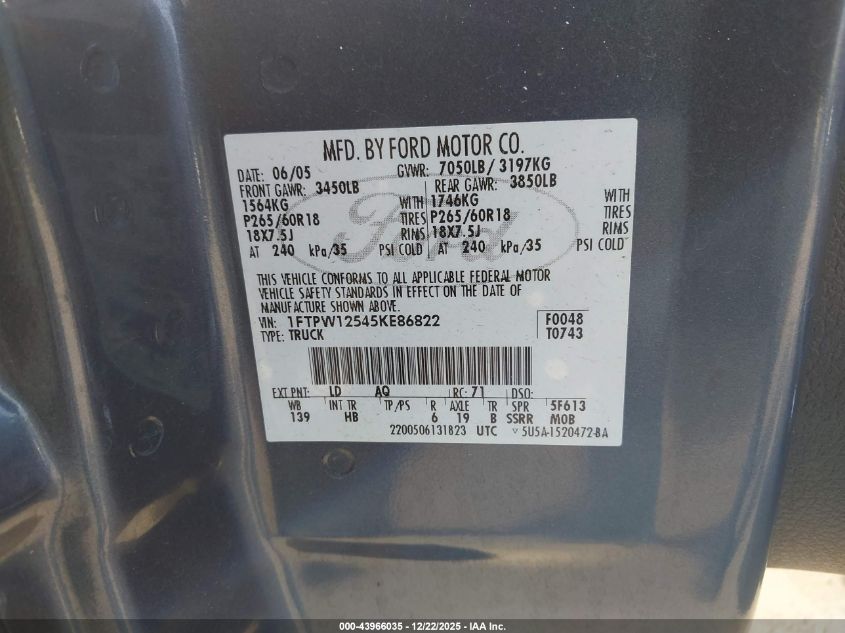 2005 Ford F-150 Lariat/Xlt VIN: 1FTPW12545KE86822 Lot: 43966035