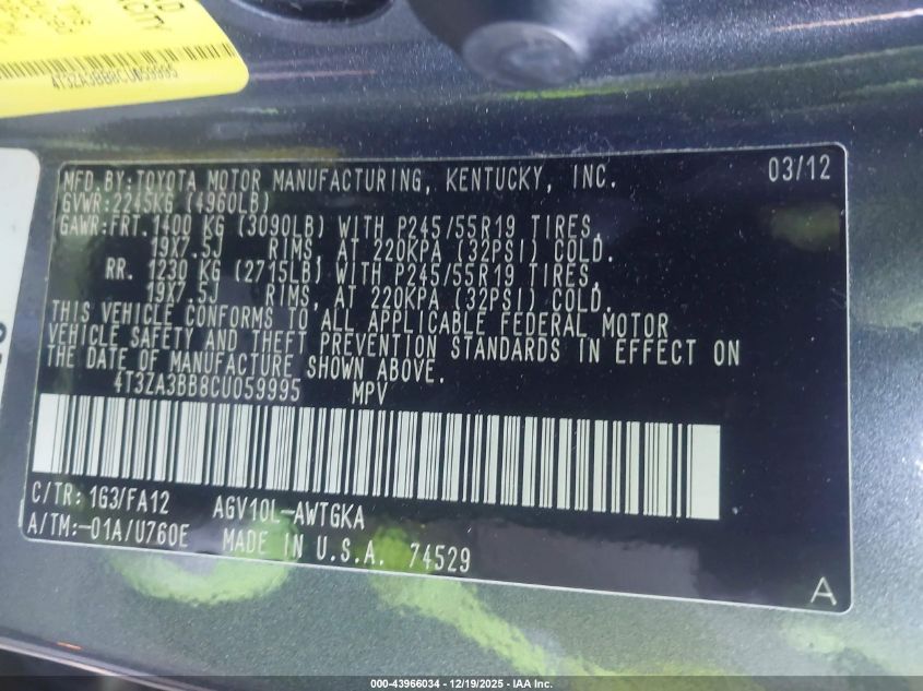 2012 Toyota Venza Le VIN: 4T3ZA3BB8CU059995 Lot: 43966034