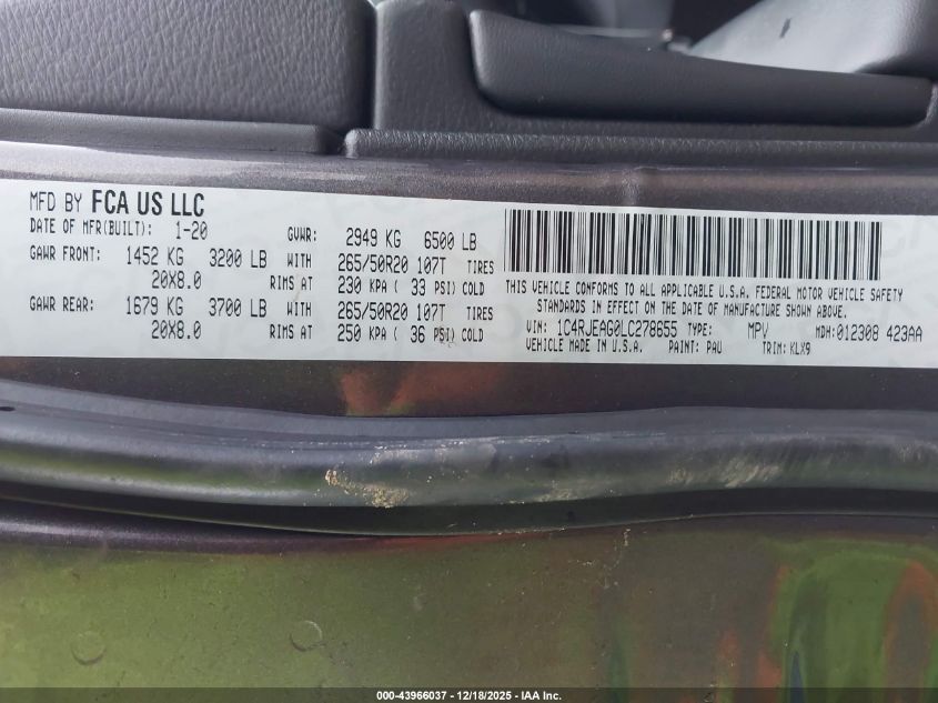 2020 Jeep Grand Cherokee Altitude 4X2 VIN: 1C4RJEAG0LC278655 Lot: 43966037