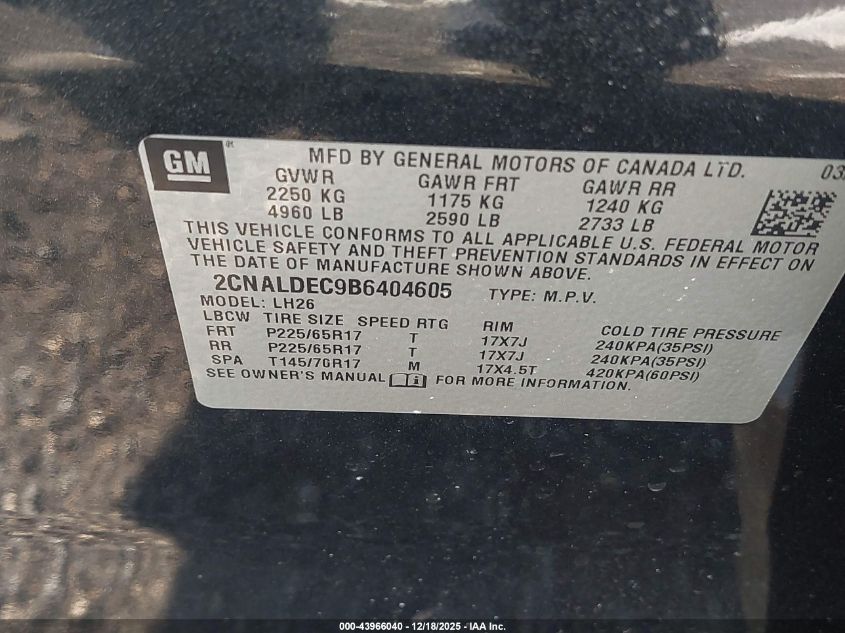 2011 Chevrolet Equinox 1Lt VIN: 2CNALDEC9B6404605 Lot: 43966040