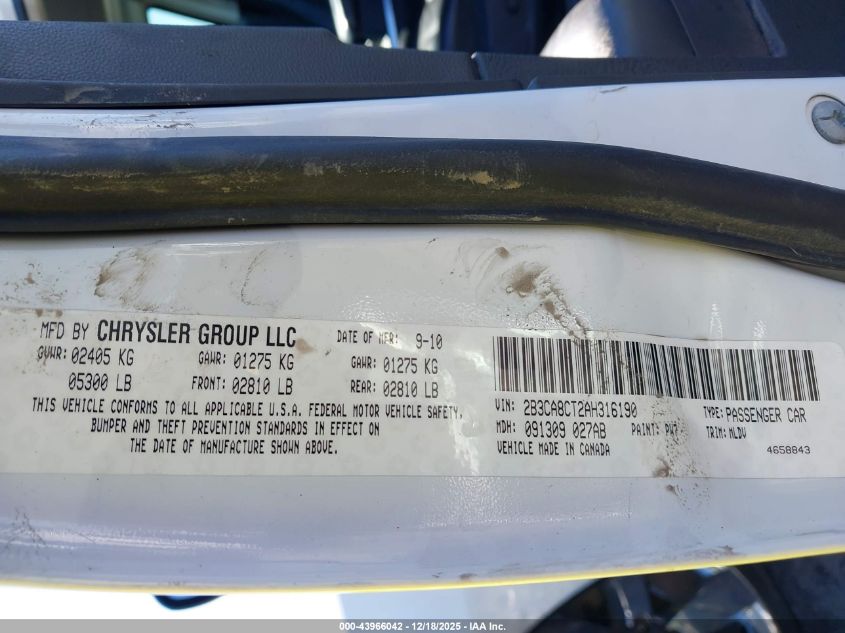 2010 Dodge Charger R/T VIN: 2B3CA8CT2AH316190 Lot: 43966042