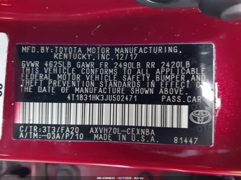 2018 Toyota Camry Hybrid Le VIN: 4T1B31HK3JU502471 Lot: 43966043