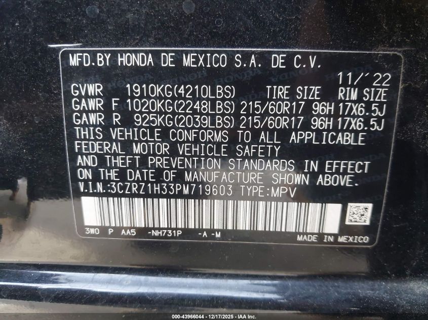 2023 Honda Hr-V 2Wd Lx VIN: 3CZRZ1H33PM719603 Lot: 43966044