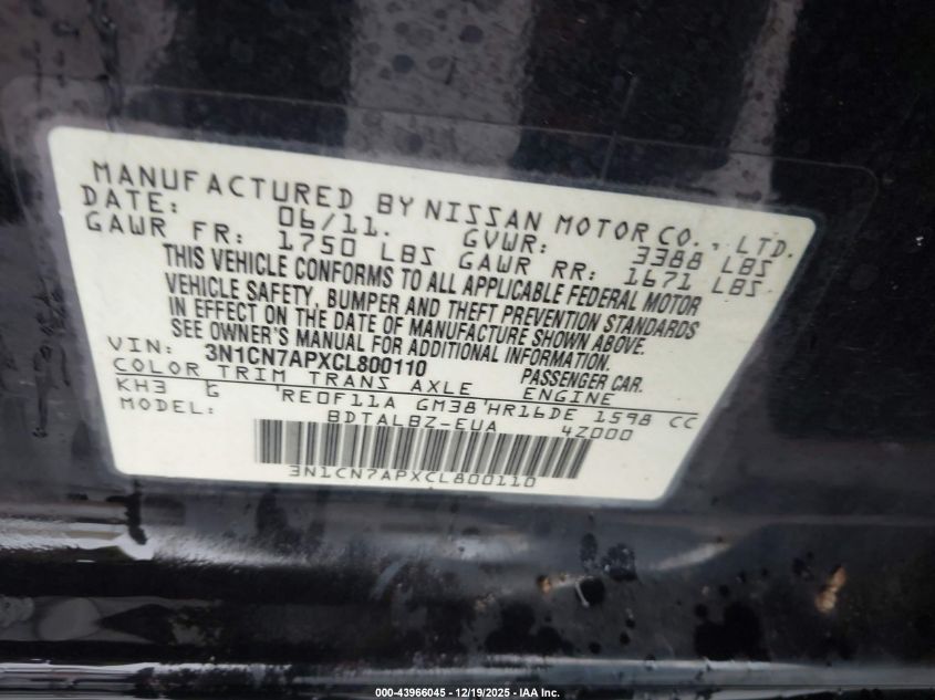 2012 Nissan Versa 1.6 Sv VIN: 3N1CN7APXCL800110 Lot: 43966045