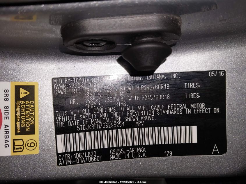 2016 Toyota Highlander Xle V6 VIN: 5TDJKRFH7GS295251 Lot: 43966047