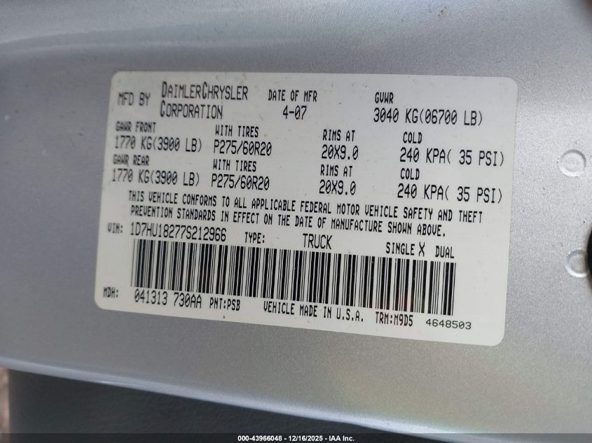 2007 Dodge Ram 1500 Slt/Trx4 Off Road/Sport VIN: 1D7HU18277S212966 Lot: 43966048