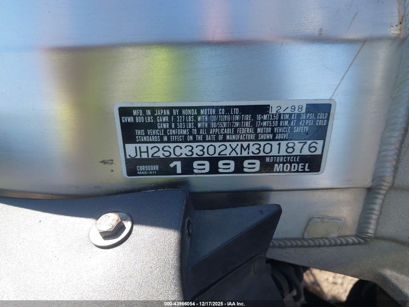 1999 Honda Cbr900 Rr VIN: JH2SC3302XM301876 Lot: 43966054