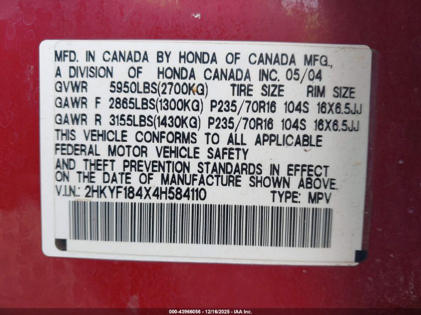 2004 Honda Pilot Ex VIN: 2HKYF184X4H584110 Lot: 43966056