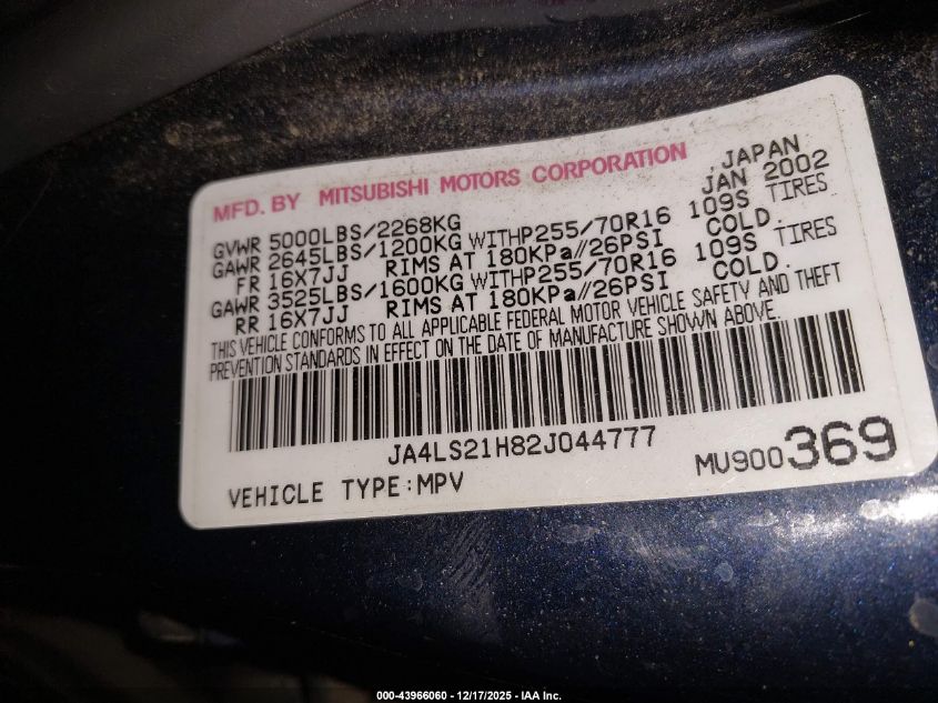 2002 Mitsubishi Montero Sport Es/Ls VIN: JA4LS21H82J044777 Lot: 43966060
