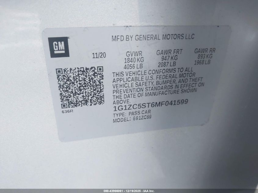 2021 Chevrolet Malibu Fwd 1Fl VIN: 1G1ZC5ST6MF041599 Lot: 43966061