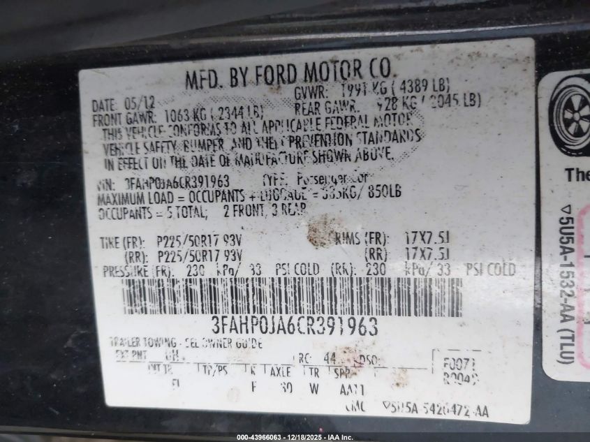 2012 Ford Fusion Sel VIN: 3FAHP0JA6CR391963 Lot: 43966063