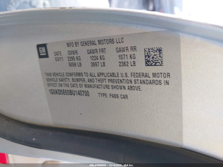 2011 Cadillac Dts Luxury Collection VIN: 1G6KD5E65BU140700 Lot: 43966065