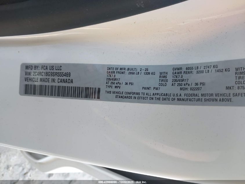 2025 Chrysler Pacifica Select VIN: 2C4RC1BG9SR555469 Lot: 43966066