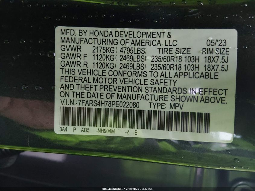2023 Honda Cr-V Ex-L Awd VIN: 7FARS4H78PE022080 Lot: 43966068