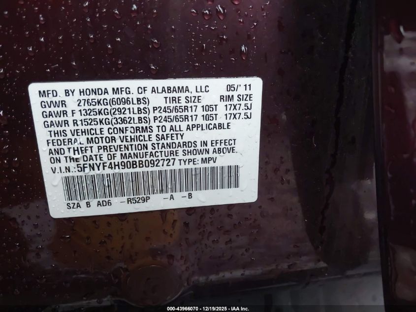 2011 Honda Pilot Touring VIN: 5FNYF4H90BB092727 Lot: 43966070
