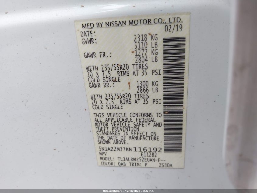 2019 Nissan Murano Sl VIN: 5N1AZ2MJ7KN116192 Lot: 43966073