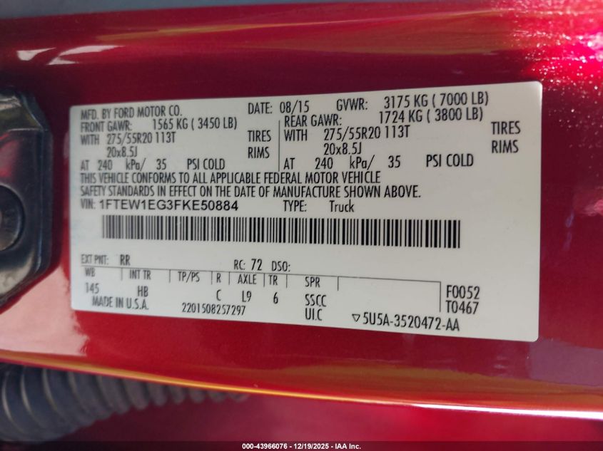 2015 Ford F-150 Lariat VIN: 1FTEW1EG3FKE50884 Lot: 43966076