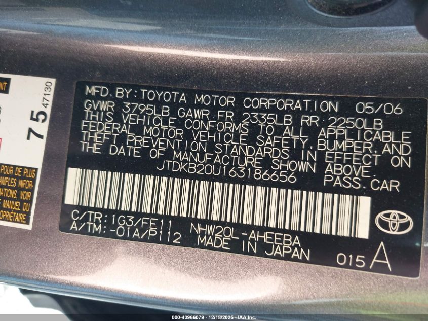 2006 Toyota Prius VIN: JTDKB20U163186656 Lot: 43966079