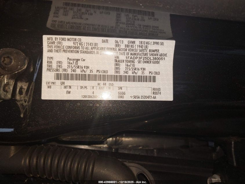 2013 Ford Focus Se VIN: 1FADP3F25DL380051 Lot: 43966081