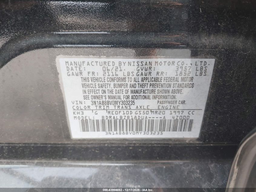 2021 Nissan Sentra S Xtronic Cvt VIN: 3N1AB8BV0MY303235 Lot: 43966082