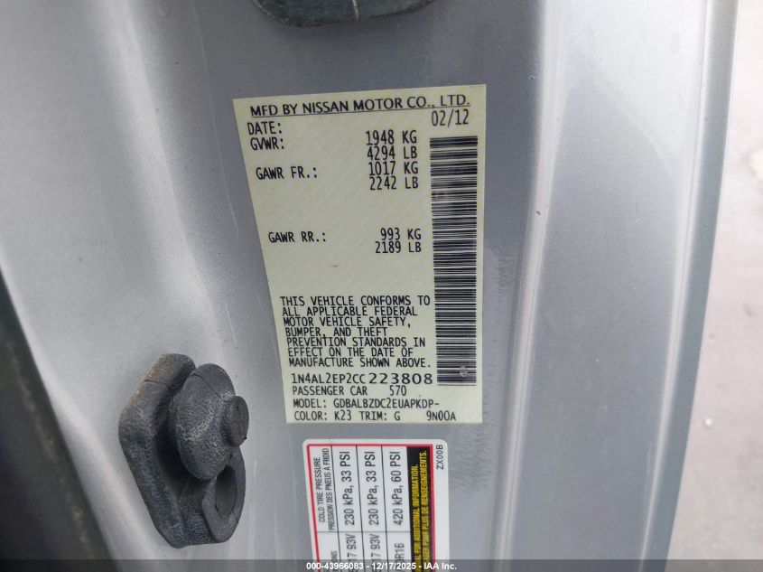 2012 Nissan Altima 2.5 S VIN: 1N4AL2EP2CC223808 Lot: 43966083