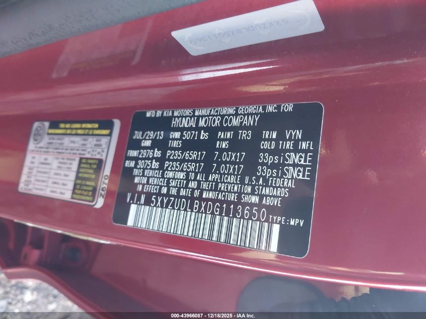 2013 Hyundai Santa Fe Sport VIN: 5XYZUDLBXDG113650 Lot: 43966087