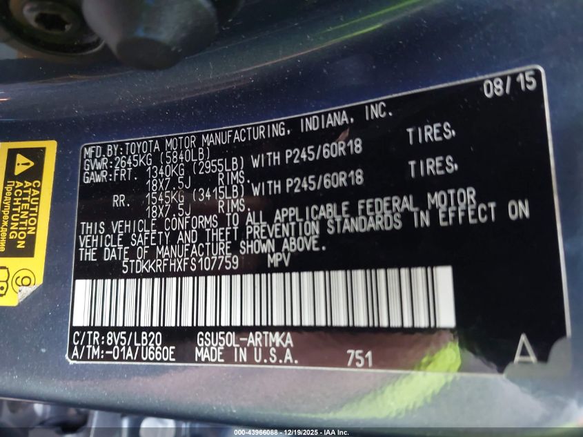 2015 Toyota Highlander Xle V6 VIN: 5TDKKRFHXFS107759 Lot: 43966088