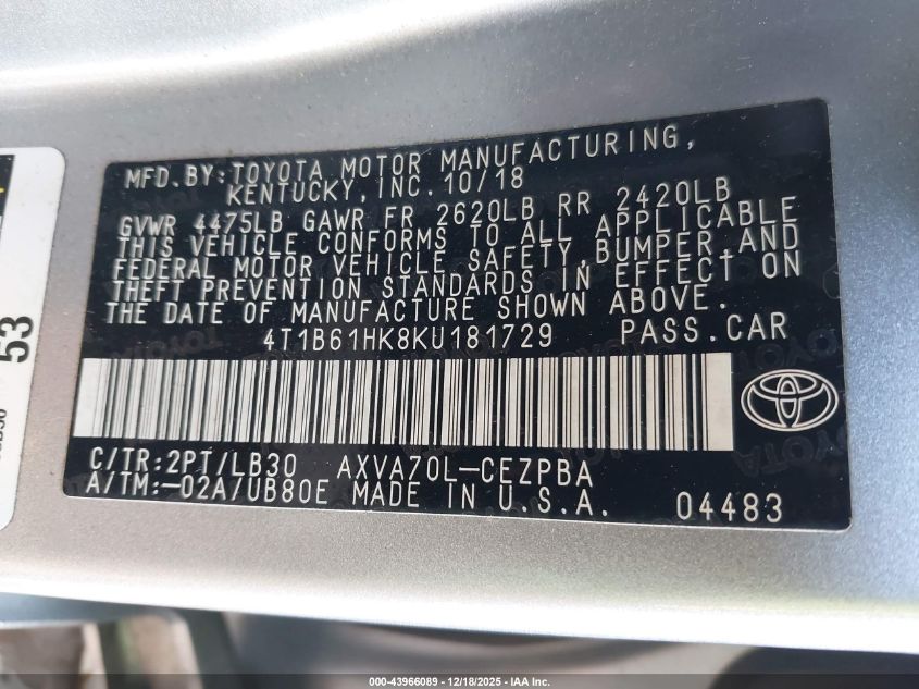 2019 Toyota Camry Xse VIN: 4T1B61HK8KU181729 Lot: 43966089