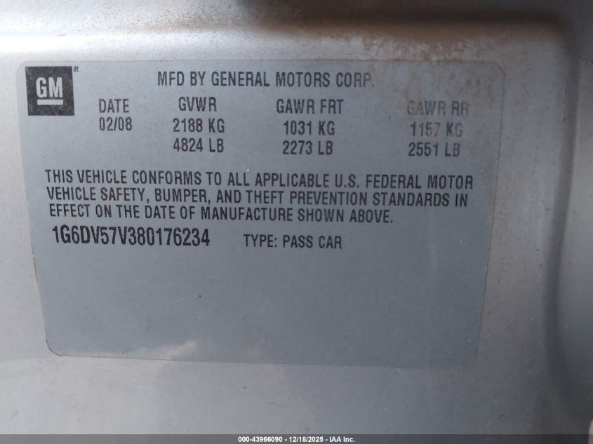 2008 Cadillac Cts Standard VIN: 1G6DV57V380176234 Lot: 43966090