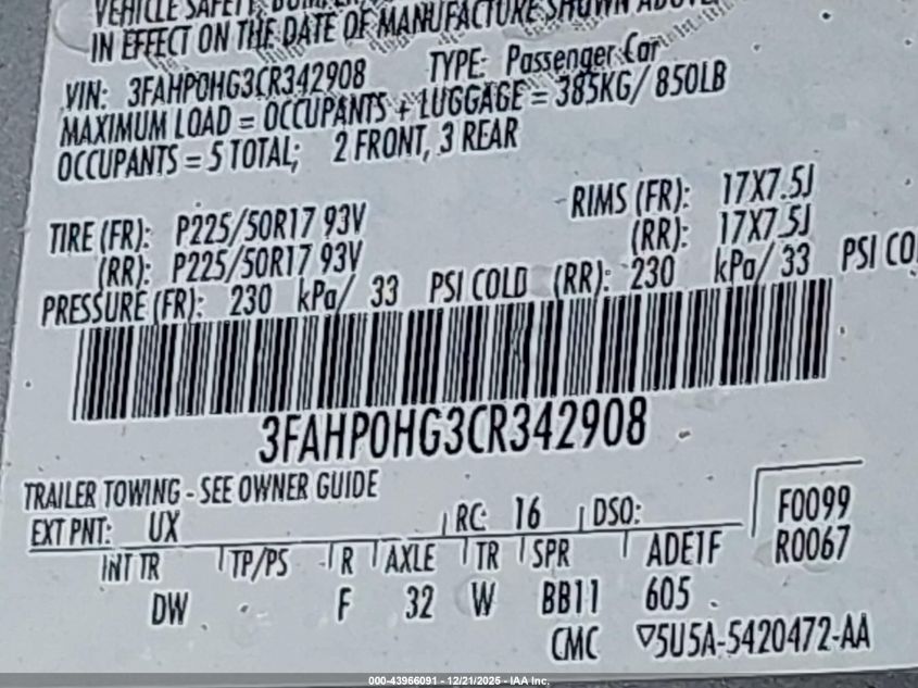 2012 Ford Fusion Se VIN: 3FAHP0HG3CR342908 Lot: 43966091