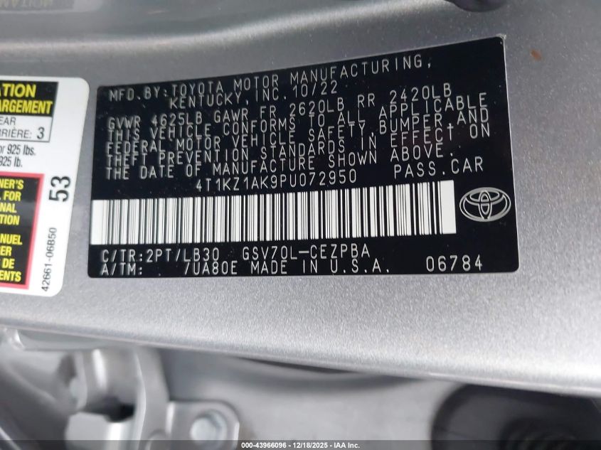 2023 Toyota Camry Xse V6 VIN: 4T1KZ1AK9PU072950 Lot: 43966096