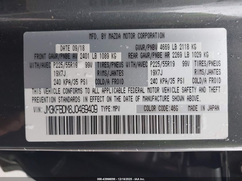 2018 Mazda Cx-5 Grand Touring VIN: JM3KFBDM8J0469409 Lot: 43966098