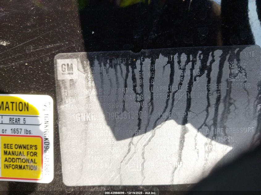 2016 Chevrolet Traverse 1Lt VIN: 1GNKRGKD9GJ313504 Lot: 43966099