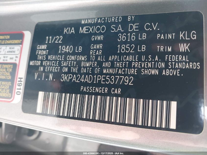 2023 Kia Rio S VIN: 3KPA24AD1PE537792 Lot: 43966100