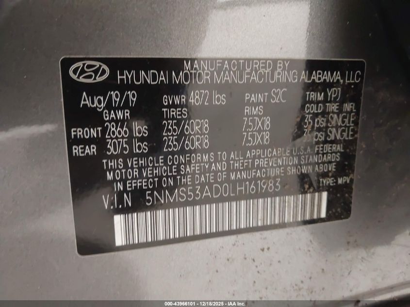 2020 Hyundai Santa Fe Limited VIN: 5NMS53AD0LH161983 Lot: 43966101