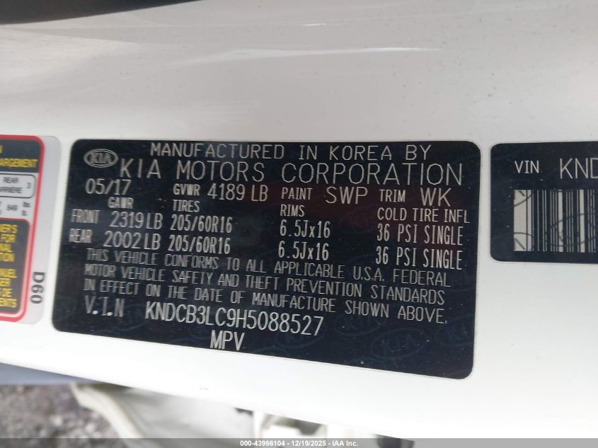 2017 Kia Niro Lx VIN: KNDCB3LC9H5088527 Lot: 43966104