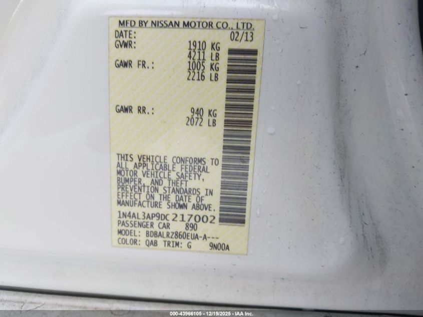 2013 Nissan Altima 2.5 S VIN: 1N4AL3AP9DC217002 Lot: 43966105